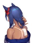  1girl adjusting_hair animal_ears black_hair blue_shirt commentary_request dark-skinned_female dark_skin ear_ornament from_behind gauze highres hishi_amazon_(umamusume) horse_ears horse_girl long_hair nape off-shoulder_shirt off_shoulder sawara_noa shirt shirt_partially_removed simple_background solo tan tanlines two-tone_shirt umamusume upper_body white_background white_shirt 