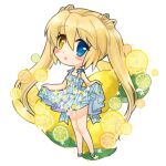  1girl :o alternate_costume bare_arms bare_legs blonde_hair blue_dress blue_eyes blush_stickers casual chibi clothes_lift commentary dress dress_lift english_text eyelashes eyes_visible_through_hair flower food fruit hair_between_eyes heterochromia leaf lemon lemon_print lemon_slice lifted_by_self long_hair looking_at_viewer may_salamanya nakatsu_shizuru open_mouth rewrite sandals short_dress simple_background sleeveless sleeveless_dress solo standing striped striped_dress twintails vertical-striped_dress vertical_stripes very_long_hair white_background yellow_eyes yellow_flower yellow_theme 