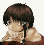  1girl bare_shoulders brown_hair dress earrings from_side hair_ornament hand_on_own_arm head_rest highres iwakura_lain jewelry looking_to_the_side ranm12s red_dress serial_experiments_lain short_hair single_sidelock solo white_background wide-eyed x_hair_ornament 