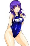  1girl ahoge animal_print blue_one-piece_swimsuit breasts collarbone contrapposto covered_navel fish_print hair_flaps hand_on_own_chest highleg highleg_swimsuit kantai_collection kudou_(ooabareteng) large_breasts low_twintails one-piece_swimsuit purple_hair red_eyes school_swimsuit simple_background solo swimsuit taigei_(kancolle) twintails whale_print white_background 
