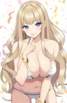  1girl ass_visible_through_thighs bare_shoulders bikini blonde_hair blue_eyes bracelet breasts cleavage closed_mouth collarbone confetti dolphin_wave earrings gold_bracelet gold_trim highres hoop_earrings index_finger_raised jewelry kirahoshi_kanna large_breasts leaning_forward long_hair looking_at_viewer navel single_earring smile solo stomach surippa1010 swimsuit very_long_hair white_bikini 