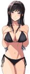  1girl absurdres aged_up amagami ass_visible_through_thighs bikini black_bikini black_hair black_hairband blue_eyes breasts cleavage closed_mouth collarbone cowboy_shot dated drill_hair hairband half-closed_eyes hands_on_own_breasts highres large_breasts long_hair looking_at_viewer mitojyaneeeeyo morishima_haruka navel side-tie_bikini_bottom sidelocks simple_background solo swimsuit twitter_username white_background 