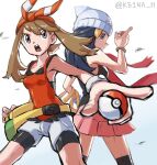  2girls back-to-back bag bare_shoulders black_shirt black_shorts blue_hair bow brown_hair cowboy_shot dawn_(pokemon) fanny_pack grey_eyes hair_bow hat holding holding_bag holding_poke_ball keina_(ke1na_h) may_(pokemon) multiple_girls open_mouth pink_skirt poke_ball pokemon pokemon_(game) pokemon_dppt pokemon_oras red_bow red_scarf red_shirt scarf shirt shorts shorts_under_shorts skirt sleeveless sleeveless_shirt teeth twitter_username upper_teeth_only white_background white_headwear white_shorts 