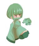  1girl absurdres blunt_bangs bob_cut bright_pupils bulbasaur chibi claws creature_and_personification detached_sleeves dress eyelashes green_dress green_hair green_thighhighs highres liauditore long_sleeves mixed-language_commentary pokemon red_eyes short_hair sleeves_past_fingers sleeves_past_wrists thighhighs transparent_background turtleneck_dress white_pupils 