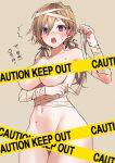  1girl :o ^^^ bandages blush breasts brown_background brown_hair caution_tape censored collarbone commentary_request groin hair_between_eyes hand_up highres keep_out long_hair looking_at_viewer low_twintails medium_breasts mummy_costume naked_bandage navel open_mouth original purple_eyes simple_background solo tears tomozero translation_request twintails 