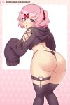  1girl :o absurdres ass black_panties black_thighhighs cross-laced_clothes doki_doki_literature_club dot_nose english_commentary from_behind hair_ornament heart_o-ring highleg highleg_panties highres knees_together_feet_apart light_blush long_sleeves looking_at_viewer natsuki_(doki_doki_literature_club) open_mouth panties patreon_username pink_hair purple_eyes raion_(raionart) short_hair skull sleeves_past_wrists solo string_panties thigh_strap thighhighs thighs underwear x_hair_ornament 