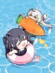  2girls :d afloat ahoge animal_ears barefoot black_hair blue_archive blush chibi closed_eyes grey_hair hair_between_eyes hair_ornament hair_ribbon halo highres inflatable_carrot innertube kokona_(blue_archive) long_hair multicolored_hair multiple_girls open_mouth partially_submerged ribbon rubber_duck shun_(blue_archive) shun_(small)_(blue_archive) smile streaked_hair swimming swimsuit tiger_ears tiger_girl uz water 