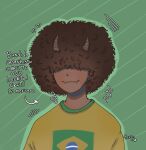  2023 akitozitos ambiguous_gender animal_humanoid blue_clothing brazil brazilian_flag brown_body brown_hair brown_horn clothing covering covering_eyes covering_face dragon dragon_humanoid fangs green_clothing hair hi_res horn humanoid portuguese_description portuguese_text qsmp richarlyson_(qsmp) smile smug solo teeth text topwear white_clothing yellow_clothing 