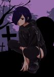  1girl absurdres black_footwear black_hoodie black_thighhighs closed_mouth graveyard hair_over_one_eye highres hood hood_down hoodie kirishima_touka looking_at_viewer ma_bo_do_hugozen own_hands_together purple_hair red_eyes short_hair solo squatting thighhighs tokyo_ghoul tree 