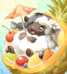  blueberry cherry eyewear_on_head flower food fruit highres holding holding_umbrella lying no_humans on_back pineapple pokemon pokemon_(creature) print_umbrella sasabunecafe shaded_face smile splashing sunglasses twitter_username umbrella water_drop white_flower wooloo 