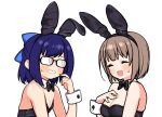  2girls a-chan_(hololive) alternate_costume animal_ears black_bow black_bowtie black_leotard blue_bow blue_hair blush bow bowtie breasts brown_hair cleavage closed_eyes commentary detached_collar fake_animal_ears glasses hair_bow hand_on_own_chest hand_on_own_face harusaki_nodoka highres hololive leotard looking_at_viewer medium_breasts multiple_girls nervous_smile okunin opaque_glasses open_mouth parted_lips playboy_bunny rabbit_ears short_hair simple_background small_breasts smile strapless strapless_leotard sweatdrop upper_body virtual_youtuber white_background wrist_cuffs 