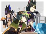  1girl 2boys ? animal_ears black_dress black_gloves black_hair capelet closed_mouth collei_(genshin_impact) cooking cyno_(genshin_impact) dress duel_soul_(genshin_impact) fox_ears fungi_(genshin_impact) genshin_impact gloves green_capelet green_eyes green_hair hair_ornament helmet hood hood_down hoodie long_hair mm_(motot) multicolored_hair multiple_boys plate red_eyes short_hair streaked_hair tasting tasting_plate tighnari_(genshin_impact) tongue tongue_out white_hair 