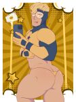  1boy ailurus_(ailurushearts) ass ass_focus bara blonde_hair blue_bodysuit bodysuit booster_gold dc_comics emoji gloves highres holding holding_phone large_pectorals male_focus male_underwear muscular muscular_male pectorals phone short_hair solo thick_thighs thighs thong tongue two-tone_bodysuit underwear yellow_bodysuit yellow_gloves yellow_male_underwear 