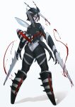  1girl :o absurdres antennae arthropod_girl arthropod_limbs black_hair black_sclera black_skin blood blood_on_weapon breasts carapace claws colored_sclera colored_skin compound_eyes daon_(kenta111881) extra_arms from_behind full_body gradient_hair grey_skin hair_between_eyes highres insect_wings looking_at_viewer looking_back medium_breasts monster_girl mosquito_girl multicolored_hair multicolored_skin no_feet open_mouth original proboscis red_eyes shadow short_hair simple_background solo standing tail weapon white_background wings 