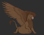  abdominal_bulge after_vore avian beak belly big_belly brown_body brown_feathers brown_fur feathers feral feral_pred fur gryphon hand_on_stomach hi_res looking_at_viewer male mythological_avian mythology quadruped rukuno simple_background thatgryphonguy vore wings 