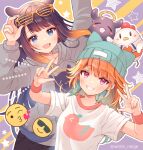  2girls :d adjusting_eyewear animal_ear_headwear aqua_headwear arms_up black_hair blush breasts double_w emoji grey_sweater grin hands_up hololive hololive_english long_hair looking_at_viewer medium_breasts multicolored_hair multiple_girls ninomae_ina&#039;nis open_mouth orange_hair pink_eyes serino_itsuki shirt shutter_shades smile sweater takanashi_kiara virtual_youtuber w white_shirt 