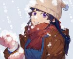  1girl alternate_costume beanie black_hair blue_sweater brown_coat coat commentary_request grey_background grin hair_ornament hairclip hands_up hat hood hooded_coat long_hair long_sleeves looking_at_viewer looking_to_the_side mittens nijisanji pink_mittens pom_pom_(clothes) popoyu purple_eyes red_scarf scarf simple_background smile snow_on_body snow_on_face snowing solo sweater tsukino_mito upper_body virtual_youtuber winter_clothes 