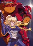  belt black_belt blonde_hair bodysuit crossover drill drill_hair evil_smile fusion getter_robo glove_pull green_eyes highres mecha mechanization metroid mole mole_under_mouth multiple_belts orange_armor pilot_suit ponytail power_suit red_armor reverse_trap robot samus_aran sarracenian scarf shin_getter-1 smile smirk torn_clothes torn_scarf yellow_scarf zero_suit 