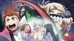  0ksiri0 3girls asui_tsuyu black_eyes blazer blonde_hair blue_bodysuit blush_stickers bodysuit boku_no_hero_academia brown_eyes brown_hair cardigan double_bun fangs frog_girl green_bodysuit green_hair grey_jacket hair_bun hair_rings highres holding jacket long_hair long_tongue messy_hair multicolored_bodysuit multicolored_clothes multiple_girls neckerchief open_mouth pink_bodysuit prehensile_tongue rain red_neckerchief school_uniform slit_pupils superhero toga_himiko tongue twice_(boku_no_hero_academia) u.a._school_uniform uraraka_ochako very_long_tongue yellow_cardigan yellow_eyes 