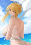  1girl absurdres ahoge artoria_pendragon_(fate) artoria_pendragon_(swimsuit_ruler)_(fate) artoria_pendragon_(swimsuit_ruler)_(second_ascension)_(fate) back bare_shoulders blue_sky blush braid breasts fate/grand_order fate_(series) french_braid highres large_breasts long_hair looking_at_viewer looking_back one-piece_swimsuit parasol sidelocks sky smile solo swimsuit umbrella vanko_(vank0a) white_one-piece_swimsuit 