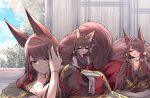  3girls absurdres aged_down akagi-chan_(azur_lane) akagi_(azur_lane) amagi-chan_(azur_lane) animal_ear_fluff animal_ears azur_lane blush breasts brown_hair brown_kimono cleavage closed_eyes detached_collar drooling eyeshadow facing_viewer fox_ears fox_girl fox_tail full_body grin hair_tubes hakama hakama_skirt hand_in_own_hair highres japanese_clothes kimono kitsune kyuubi large_breasts long_skirt long_sleeves looking_at_another looking_back lying makeup multiple_girls multiple_tails off_shoulder on_stomach open_clothes open_kimono open_mouth pleated_skirt red_eyes red_eyeshadow red_lips red_skirt saliva samip seiza sidelocks sitting skirt sleeping smile tail teeth time_paradox wide_sleeves 
