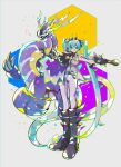  absurdres aqua_eyes aqua_hair belt black_footwear black_gloves boots collared_shirt commentary double_bun dragon_horns dragon_miku_(project_voltage) electricity fake_horns gloves hair_bun hatsune_miku highres holding holding_sword holding_weapon horns kawasaki_(kwsk_8765) knee_boots light_smile long_hair looking_at_viewer miraidon pants pokemon pokemon_(creature) project_voltage shirt shoulder_cape single_bare_shoulder sword twintails twitter_username very_long_hair vocaloid weapon 