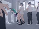  1girl 4boys ass bangs bent_over blue_skirt blush braid breasts butterfly_hair_ornament collared_shirt gradient_hair green_hair hair_ornament hetero highres hololive kakure_eria long_hair multicolored_hair multiple_boys open_clothes open_shirt pleated_skirt purple_hair restroom sex sex_from_behind shirt short_sleeves skirt small_breasts thighs urinal uruha_rushia virtual_youtuber window 