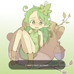  1girl acorn backpack bag boots brown_bag brown_footwear commentary english_text full_body furrowed_brow gradient_background green_background green_shirt hair_ornament highres holding_strap humanization knees_to_chest korok leaf_hair_ornament looking_at_viewer orenji_(wholesomeorenji) outline pointy_ears shirt simple_background solo speech_bubble symbol-only_commentary tearing_up the_legend_of_zelda the_legend_of_zelda:_tears_of_the_kingdom thighs twig wavy_mouth white_outline 