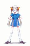  1girl alternate_costume arms_behind_back black_footwear blonde_hair blue_dress blue_eyes dress full_body hair_ribbon hi_fumiyo highres honda_beat_(syanago_collection) kneehighs long_hair looking_at_viewer parted_bangs red_ribbon ribbon shadow side-view_mirror smile socks solo straight-on syanago_collection twintails very_long_hair white_background white_socks 