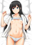  1girl asashio_(kancolle) black_hair blue_eyes blush bow bow_panties breasts closed_mouth collarbone collared_shirt commentary_request highres kantai_collection long_hair looking_at_viewer lying medium_breasts navel nipples on_back on_bed open_clothes open_shirt panties pillow shirt short_sleeves smile solo sweat underwear uron-rei white_panties white_shirt 
