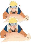  blonde_hair blue_eyes blush closed_eyes clothed_male_nude_male cum ejaculation heart konohagakure_symbol male_focus multiple_boys naruto naruto_(series) nude one_eye_closed pgkaki simple_background uzumaki_naruto white_background yaoi 