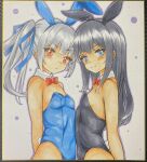  2girls absurdres animal_ears asashio_(kancolle) bare_shoulders black_hair black_hairband black_leotard blue_eyes blue_hairband blue_leotard blue_ribbon blush bow bowtie breasts closed_mouth collar commentary_request dakkusu detached_collar fake_animal_ears grey_hair hair_ribbon hairband highres kantai_collection kasumi_(kancolle) leotard long_hair marker_(medium) multiple_girls photo_(medium) playboy_bunny rabbit_ears rabbit_tail red_bow red_bowtie red_eyes ribbon side_ponytail small_breasts smile strapless strapless_leotard tail traditional_media very_long_hair white_collar wing_collar 