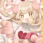  &gt;_&lt; 1girl apron armband blonde_hair blush collared_dress commentary_request dress fang hair_ornament hat heart heart_print highres long_hair looking_at_viewer motion_lines natori_sana neochiteshi nurse_cap open_mouth pink_apron pink_headwear puffy_short_sleeves puffy_sleeves rabbit_hair_ornament red_armband red_eyes sana_channel short_sleeves solo sparkling_eyes stuffed_animal stuffed_rabbit stuffed_toy two_side_up upper_body v-shaped_eyebrows virtual_youtuber white_dress 