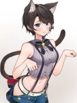  1girl animal_ear_fluff animal_ears bare_shoulders black_bow black_bowtie black_hair black_panties blue_eyes blue_shorts blush bow bowtie breasts cat_ears cat_girl cat_tail cropped_shirt grey_shirt highres hip_vent hololive lace-trimmed_panties lace_trim looking_at_viewer navel oozora_subaru open_mouth panties panty_peek paw_pose pinstripe_pattern pinstripe_shirt shirt short_hair shorts sleeveless sleeveless_shirt solo striped suspender_shorts suspenders swept_bangs tail underwear virtual_youtuber white_background yuya_(pixiv37335712) 
