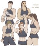  5girls abs black_hair blonde_hair brown_hair dated english_text exercise hand_wraps hands_on_own_hips highres looking_to_the_side m4rjinn multiple_girls muscular muscular_female original ponytail red_hair short_hair signature sweatband tank_top white_background 