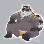  2023 anthro belly big_belly black_nose bulge clothing feet grey_body hi_res kemono male mammal mikanyeye overweight overweight_male procyonid raccoon simple_background sitting solo underwear 