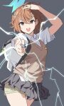  1girl :d bag_charm blue_archive brown_eyes brown_hair brown_sweater_vest charm_(object) coin collared_shirt electricity gekota grey_skirt hair_ornament halo hand_on_own_head highres holding holding_coin looking_at_viewer misaka_mikoto pleated_skirt reia_76 school_emblem school_uniform shirt short_hair short_sleeves shorts shorts_under_skirt simple_background skirt smile solo summer_uniform sweater_vest toaru_kagaku_no_railgun toaru_majutsu_no_index tokiwadai_school_uniform white_shirt 