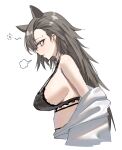  1girl animal_ears arknights bare_shoulders black_bra bra breasts brown_eyes brown_hair from_side highres horn/wood large_breasts long_hair mole_above_eye open_clothes open_shirt parted_lips penance_(arknights) profile shirt sideboob simple_background solo strap_gap underwear white_background white_shirt wolf_ears 
