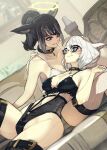  2girls absurdres animal_ears black-framed_eyewear black_hair black_thighhighs blue_eyes breasts cat_ears collar dutch_angle facial_mark final_fantasy final_fantasy_xiv glasses grey_hair halo hide_(hideout) highres lap_pillow looking_at_another medium_breasts miqo&#039;te multicolored_hair multiple_girls purple_eyes short_hair short_ponytail thighhighs two-tone_hair warrior_of_light_(ff14) whisker_markings white_hair white_thighhighs yuri 