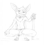  anthro balls bat belt cape chest_tuft clothed clothing crouching erection footwear genitals hi_res humanoid_genitalia humanoid_penis long_ears looking_at_viewer male mammal melee_weapon monochrome mostly_nude navel penis sandals solo spread_legs spreading sword trashtikko tuft turo_of_akesh weapon wingless_bat 