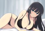  aqua_eyes black_bra black_hair black_panties bra breasts highres ikaruga_(senran_kagura) large_breasts long_hair looking_at_viewer lying manjo on_bed panties senran_kagura senran_kagura_estival_versus senran_kagura_new_link senran_kagura_shinovi_versus smile underwear user_anda2427 