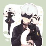  1boy 1girl black_blindfold black_hairband blindfold boots choker covered_eyes dog dual_persona feather-trimmed_sleeves feather_trim furrification furry hairband highres juliet_sleeves leotard long_sleeves missaka mole mole_under_mouth nier:automata nier_(series) puffy_sleeves short_hair snow_leopard thighhighs thighhighs_under_boots white_leotard yorha_no._2_type_b yorha_no._9_type_s 