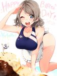  1girl apron blue_eyes blush breasts brown_hair competition_swimsuit indo_curry looking_at_viewer love_live! love_live!_sunshine!! one-piece_swimsuit salute short_hair smile solo swimsuit thighs watanabe_you wavy_hair 
