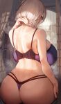  1girl absurdres alicia_renato_(yashiro_sousaku) ass bare_shoulders bra breasts commission curtains from_behind highres huge_breasts indoors looking_to_the_side marse_(rokudaime) original see-through shelf short_hair sitting solo thong underwear 
