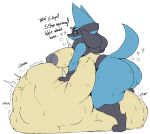  &lt;3 anthro areola belly big_belly big_breasts big_butt black_body black_fur blue_body blue_fur blush blush_lines bodily_fluids breasts butt dialogue eyewear female fur garuda_six generation_4_pokemon glasses huge_breasts huge_butt huge_thighs hyper hyper_belly lucario multicolored_body multicolored_fur nintendo nipples open_mouth pokemon pokemon_(species) simple_background solo sound_effects sweat tail text thick_thighs vore yellow_body yellow_fur 