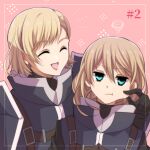  2girls armor blonde_hair blue_eyes breastplate cheek_pinching closed_eyes eiyuu_densetsu gloves iseria_frost lavian_windslet looking_at_viewer multiple_girls pinching pout satsuki_(chaosmode) sen_no_kiseki:_northern_war short_hair smile 