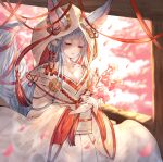  1girl alternate_costume animal_ears ayacho blue_eyes blue_hair blurry blurry_background blurry_foreground branch breasts cleavage commentary_request commission ears_through_headwear falling_petals flower_knot granblue_fantasy holding holding_branch japanese_clothes kimono large_ears light_blue_hair long_hair long_sleeves medium_breasts obi obijime parted_lips petals red_ribbon ribbon sash skeb_commission societte_(granblue_fantasy) solo tail tail_ornament tail_raised tail_ribbon uchikake wataboushi white_headwear white_kimono wide_sleeves 