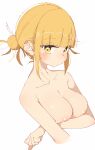  1girl arm_under_breasts blonde_hair blunt_bangs blush boku_no_hero_academia breasts collarbone cropped_arms cropped_torso double_bun hair_bun highres large_breasts looking_at_viewer messy_hair nipples no_mouth rasusurasu short_hair_with_long_locks sidelocks simple_background solo straight_hair toga_himiko upper_body white_background yellow_eyes 