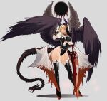  1girl bad_anatomy bird_wings black_wings contrapposto feathered_wings feathers full_body grey_background habit highres large_wings rumia spread_wings thighhighs tomatolover16 touhou wings 
