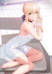  1girl ahoge artoria_pendragon_(fate) bangs bare_shoulders barefoot blonde_hair blue_ribbon braid breasts choker dress fate/stay_night fate_(series) feet foot_out_of_frame french_braid green_eyes grin hair_bun hair_ribbon highres legs long_hair looking_at_viewer medium_breasts nanahime revision ribbon saber sidelocks sitting smile solo toenails toes white_dress 